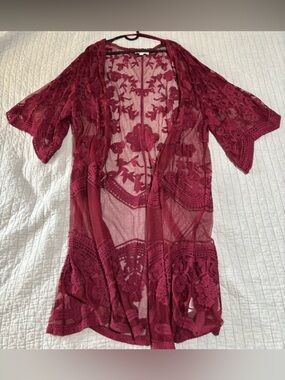 She + Sky Burgundy Sheer Floral Embroidered Kimono